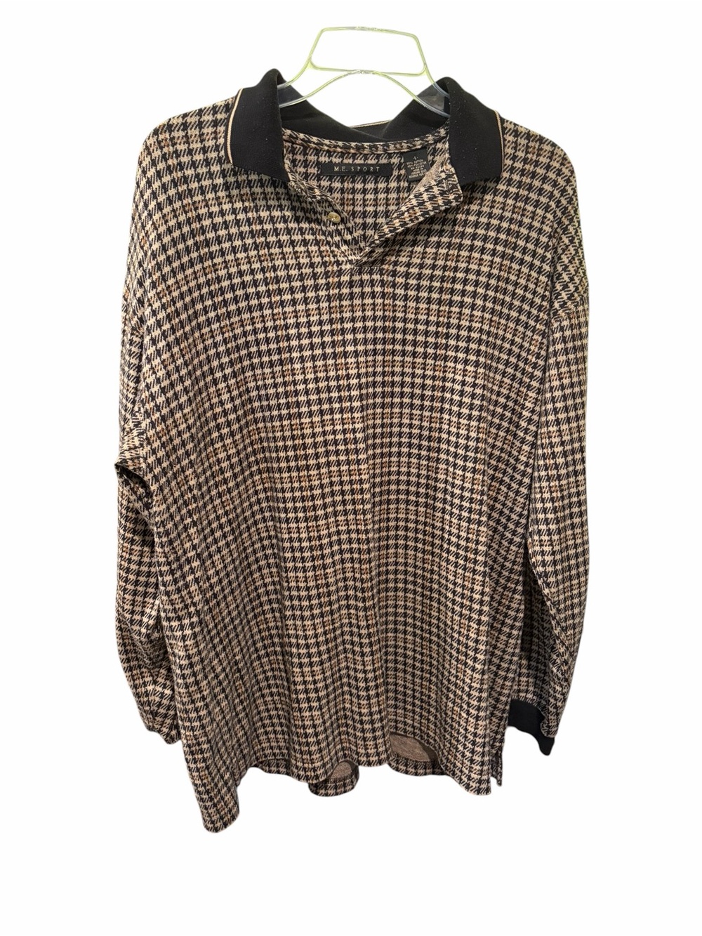 M.E. Sport Houndstooth Long Sleeve Polo Shirt Men’s Large Beige Black